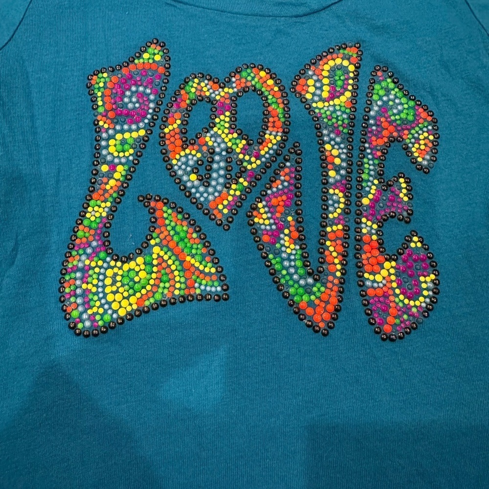 *Vintage* Denny’s! Vibrant Blue Kids Long Sleeve Tee with Studded Love Design - Picture 2 of 6